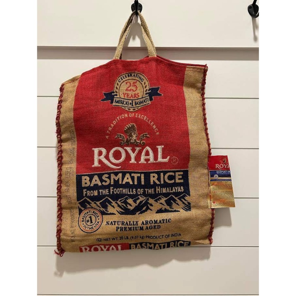 Royal Basmati Rice Burlap Tote Bag Jute Zippered Shopper Red Tan Rustic Boho
